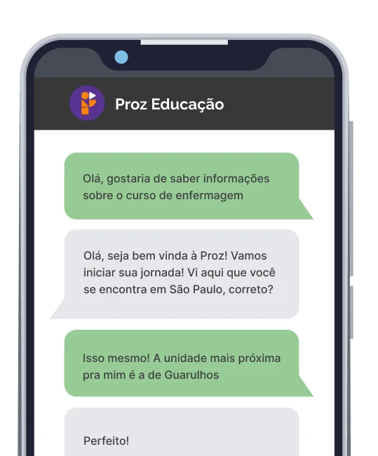 Conversa de WhatsApp com um orientador da Proz em um celular